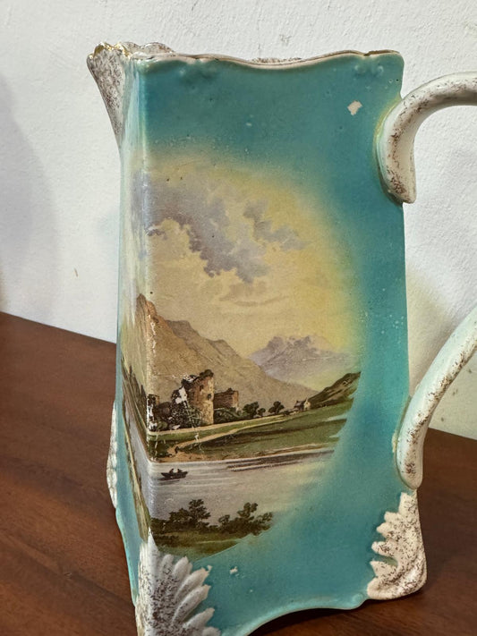 Jarro de Faiança Antigo com Paisagem Pintada - Cerâmica Decorativa Século XIX