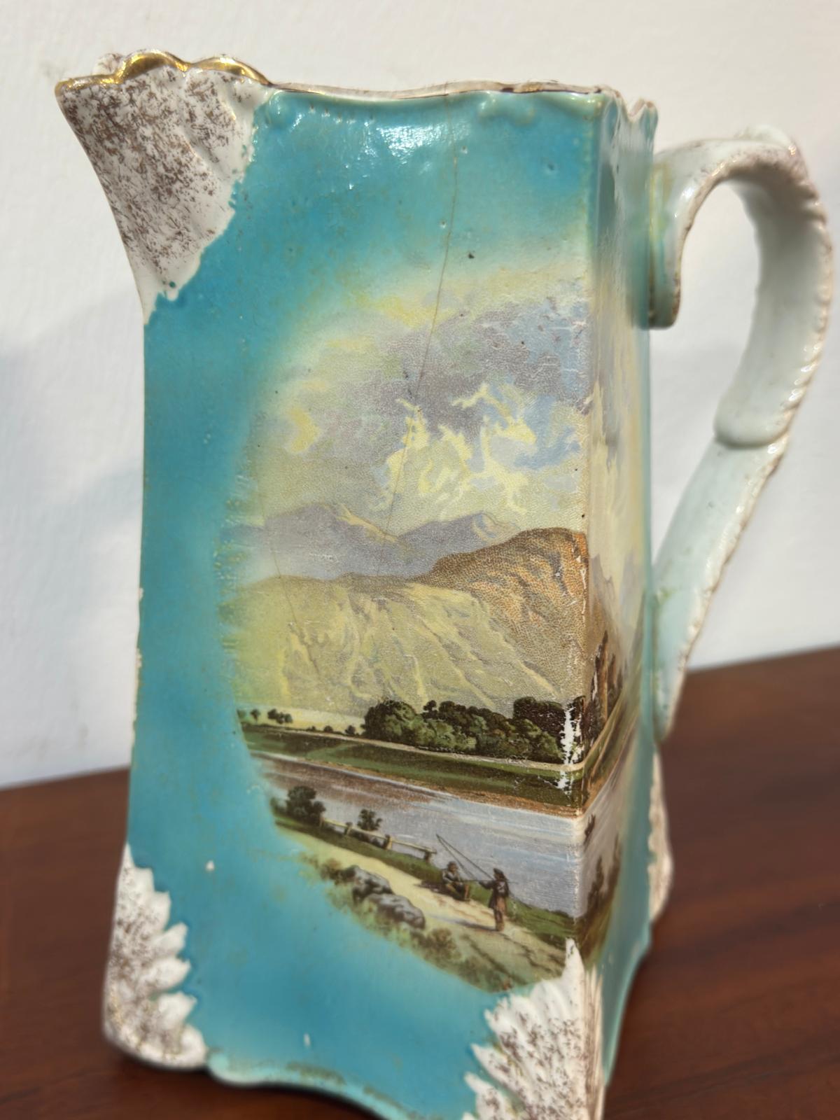 Jarro de Faiança Antigo com Paisagem Pintada - Cerâmica Decorativa Século XIX