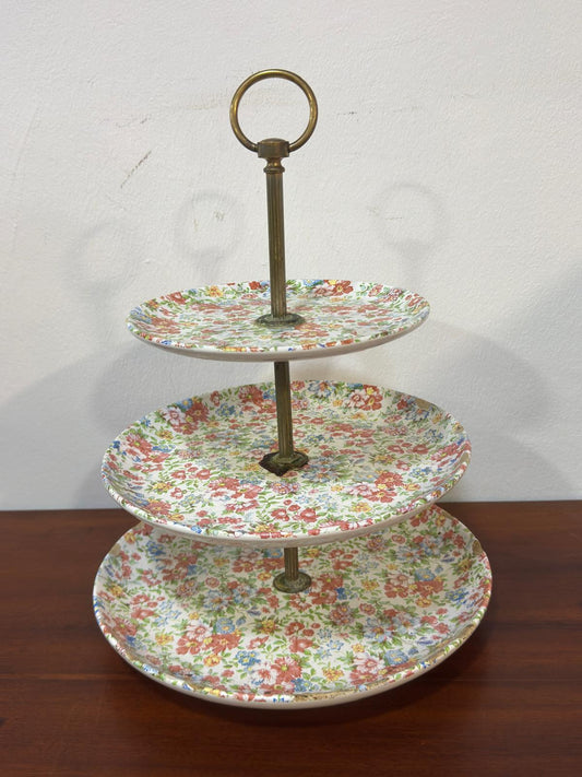 Prato de Três Andares em Porcelana com Padrão Floral Chintz - Cake Stand Vintage