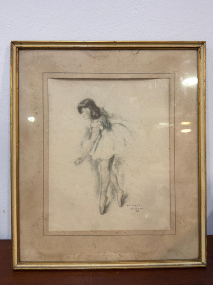 Desenho Original de Bailarina – Gisbert Soler | Moldura Dourada Vintage