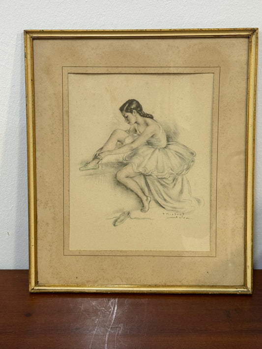 Desenho Original de Bailarina – F. Gisbert Soler | Moldura Dourada Vintage