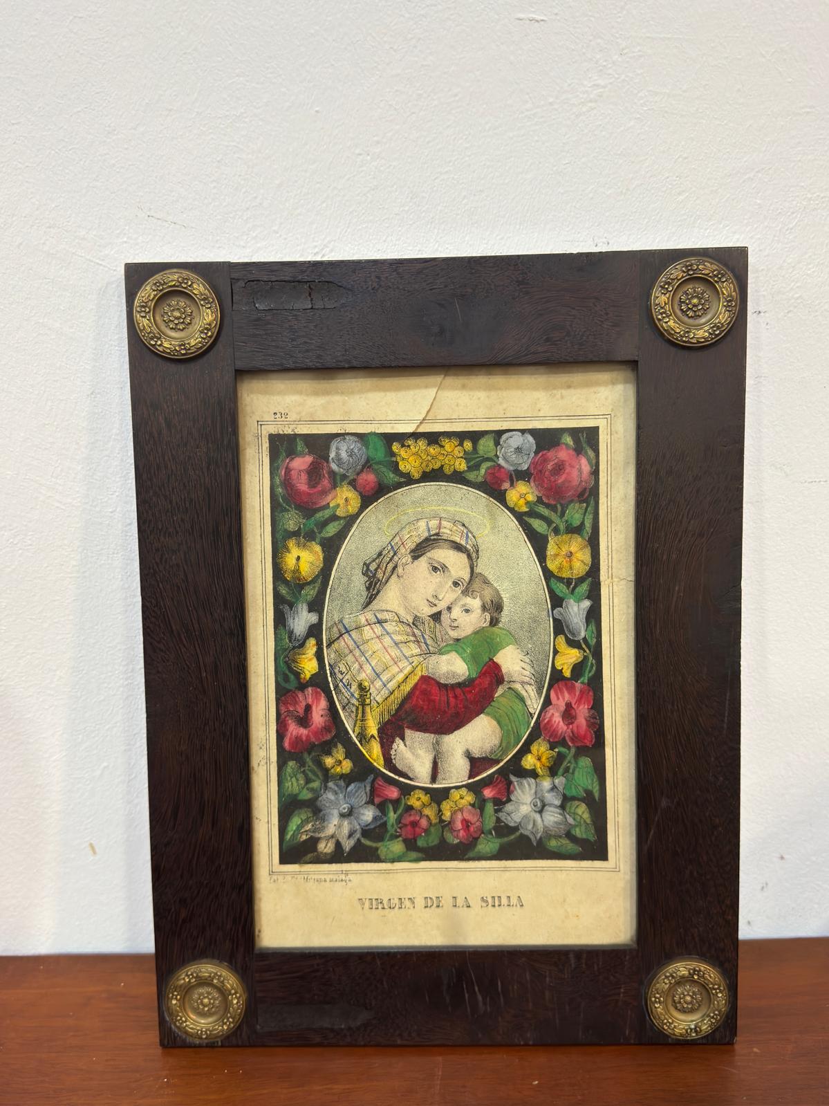 Gravura Antiga Virgen de la Silla – Moldura Madeira com Aplicações Douradas