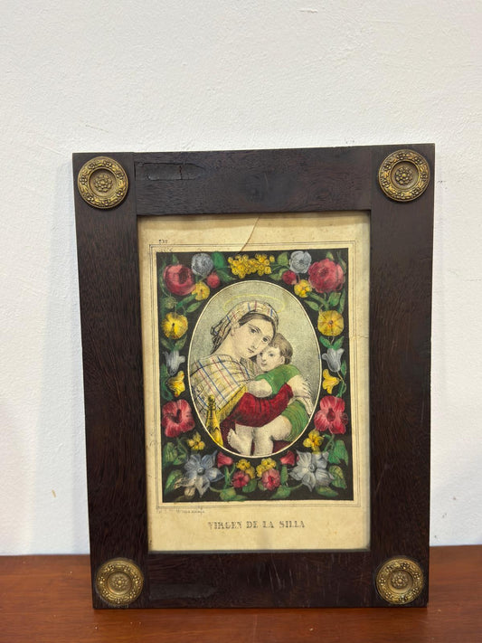 Gravura Antiga Virgen de la Silla – Moldura Madeira com Aplicações Douradas
