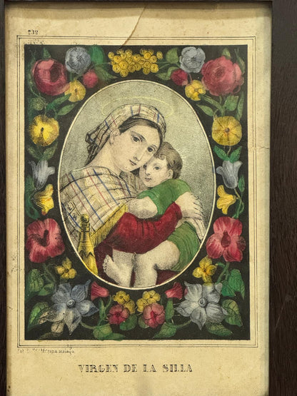 Gravura Antiga Virgen de la Silla – Moldura Madeira com Aplicações Douradas
