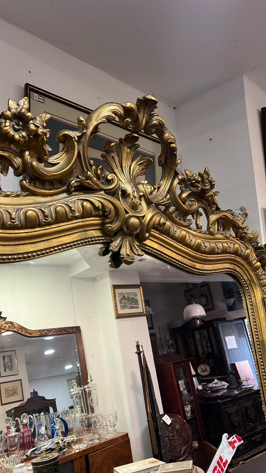 Espelho Antigo Gigante / de Chão em Madeira e Gesso Dourado com Cimalha Trabalhada