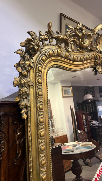 Espelho Antigo Gigante / de Chão em Madeira e Gesso Dourado com Cimalha Trabalhada
