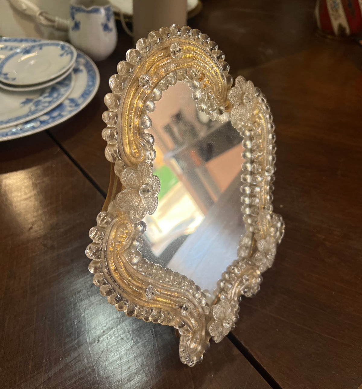 Pequeno Espelho Veneziano Antigo de Toucador / Mesa em Vidro de Murano com Ouro