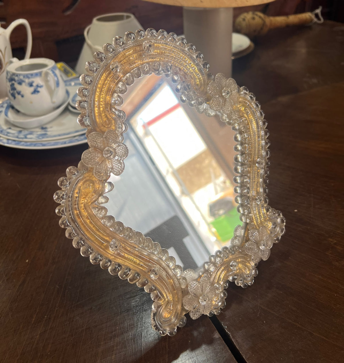 Pequeno Espelho Veneziano Antigo de Toucador / Mesa em Vidro de Murano com Ouro