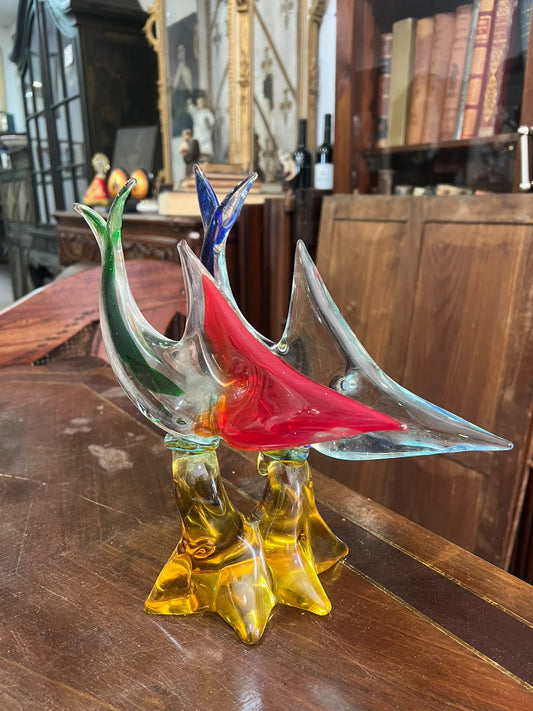 Escultura Vintage em Vidro Artístico Sommerso com Par de Peixes e Base Âmbar