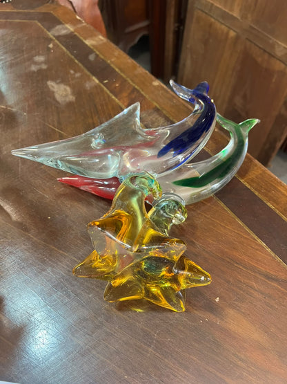 Escultura Vintage em Vidro Artístico Sommerso com Par de Peixes e Base Âmbar