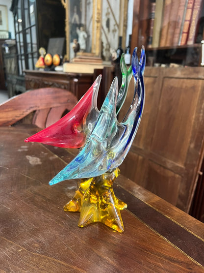 Escultura Vintage em Vidro Artístico Sommerso com Par de Peixes e Base Âmbar