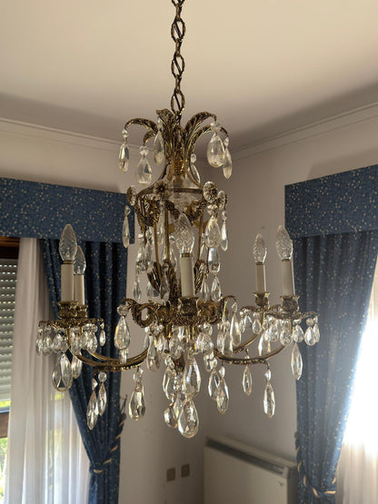 Lustre Vintage em Bronze Dourado com Pendentes de Cristal Facetado — 8 Braços