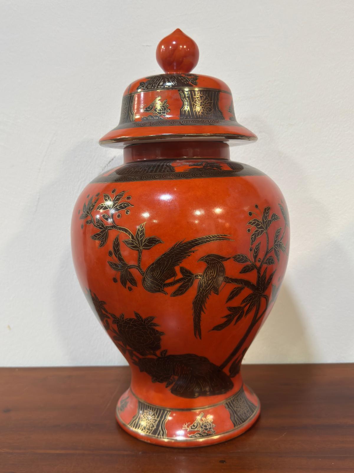 Pote Porcelana Chinesa Laranja Decoração Pássaros - Marca Vermelha