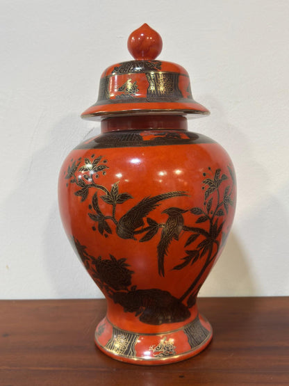 Pote Porcelana Chinesa Laranja Decoração Pássaros - Marca Vermelha