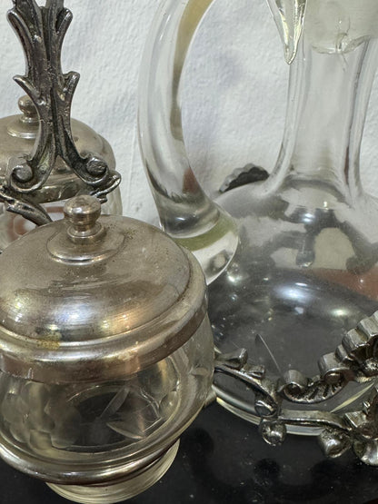 Galheteiro Antigo Vitoriano - Vidro Cristal, Metal Prateado e Base Mármore Preto