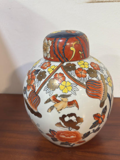 Pote Oriental em Porcelana com Tampa - Decoração Imari Floral e Pássaros