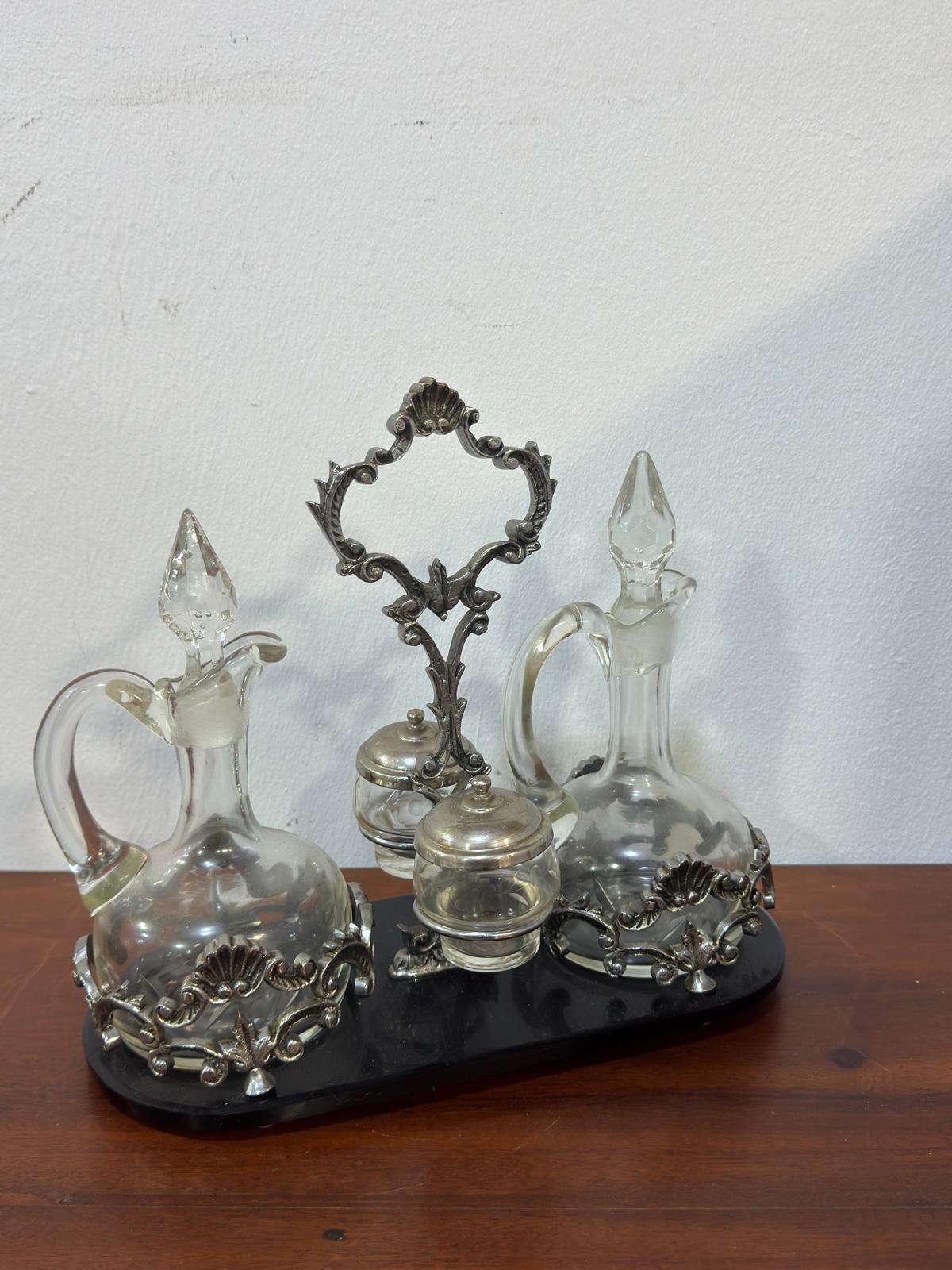 Galheteiro Antigo Vitoriano - Vidro Cristal, Metal Prateado e Base Mármore Preto