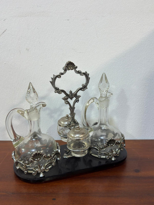 Galheteiro Antigo Vitoriano - Vidro Cristal, Metal Prateado e Base Mármore Preto