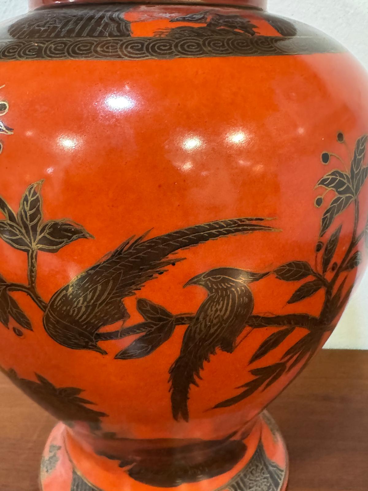 Pote Porcelana Chinesa Laranja Decoração Pássaros - Marca Vermelha
