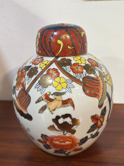 Pote Oriental em Porcelana com Tampa - Decoração Imari Floral e Pássaros