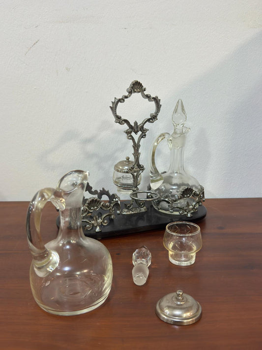 Galheteiro Antigo Vitoriano - Vidro Cristal, Metal Prateado e Base Mármore Preto