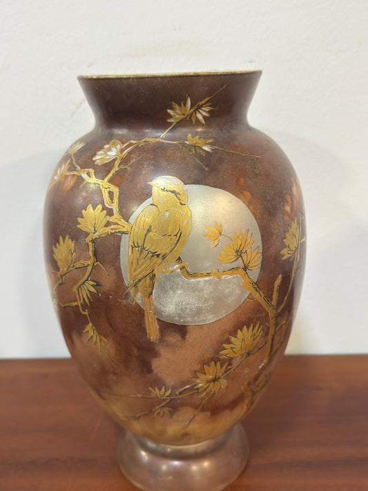 Vaso Cerâmica Decoração Dourada Pássaro - Art Nouveau