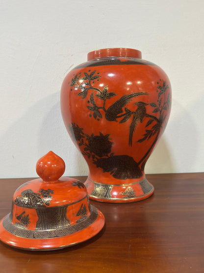 Pote Porcelana Chinesa Laranja Decoração Pássaros - Marca Vermelha
